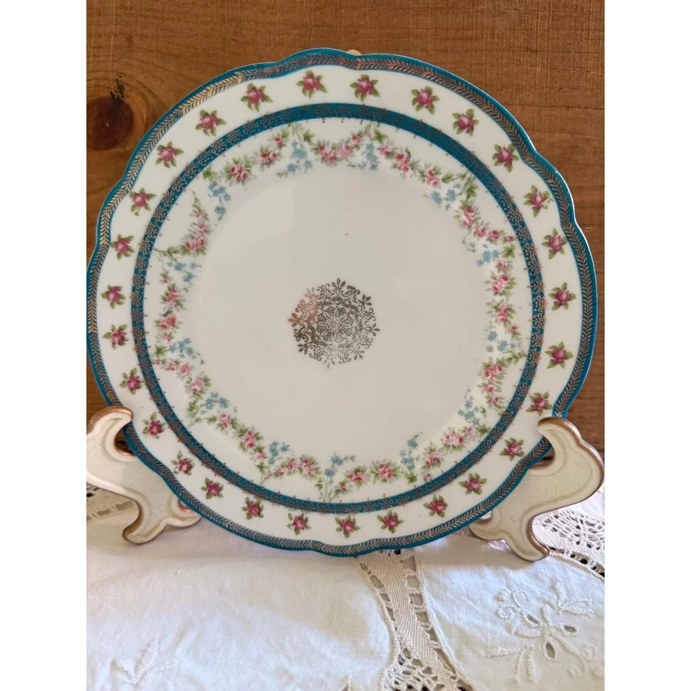Antique Austria Porcelain Salad Plate Pink Rose Teal Gold Filigree Scalloped